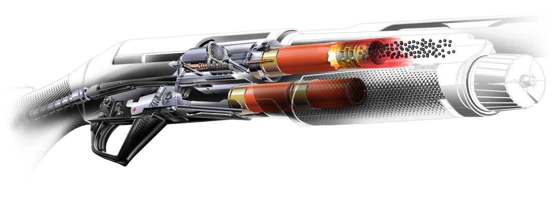 Cutaway view of the Benelli Inertia Driven action showing the rotating bolt head, inertia spring and shells in the magazine tube