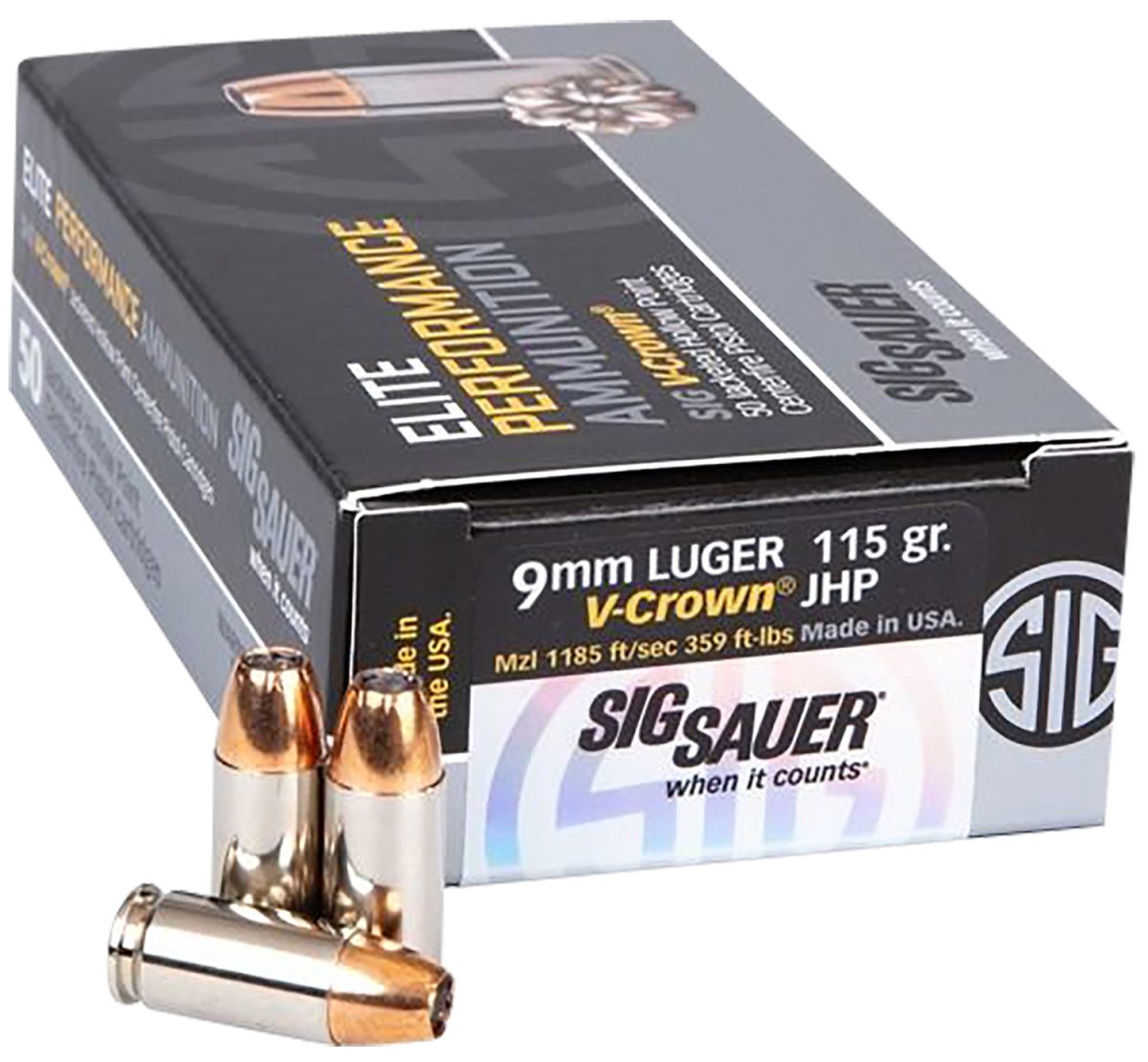 Sig Sauer E9Mma1Comp50 Match Elite Competition  9Mmluger 115Gr V-Crown Jacketed Hollow Point 50 Per Box/20 Case