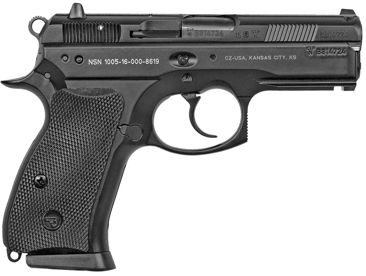 Cz-Usa 01199 P-01 *Ca Compliant Compact Frame 9Mm Luger 10+1, 3.75&Quot; Blued Steel Barrel, Black Serrated Steel Slide, Black Polycoat Aluminum Frame W/Beavertail, Black Rubber Grip