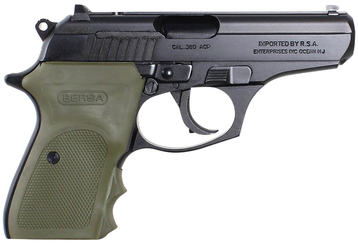 Bersa T380Mc Thunder Combat Micro-Compact Frame 380 Acp 8+1, 3.50&Quot; Black Steel Barrel, Matte Black Serrated Steel Slide &Amp; Aluminum Frame W/Beavertail, Olive Wrap-Around Grip