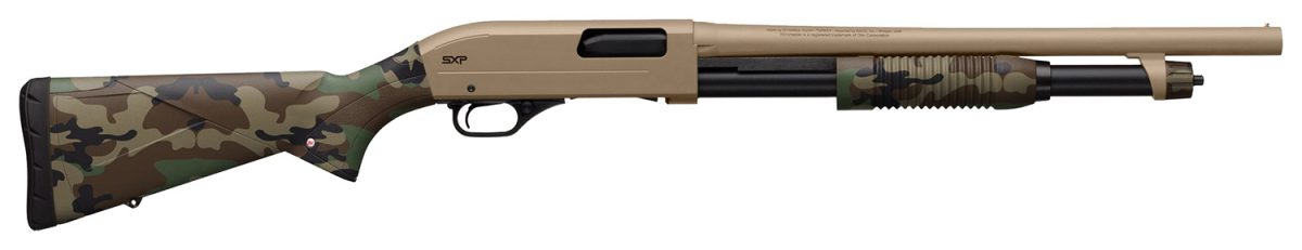 Winchester Repeating Arms  Sxp Defender 20 Gauge 3&Quot; 5+1 (2.75&Quot;) 18&Quot; Barrel, Fde Drilled &Amp; Tapped Rec, Woodland Camo Textured Stock, Tactical  Ribbed Forearm, Inflex Recoil Pad