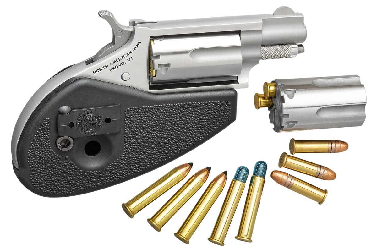 North American Arms 22Mschg Mini-Revolver  22 Lr Or 22 Wmr 5 Rd 1.13&Quot; Barrel, Overall Stainless Steel Finish, Black Synthetic Holster Grip, Includes Cylinders