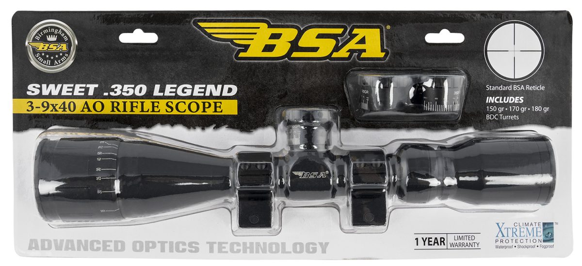 Bsa 35039X40Aowrtb Sweet 350 Legend Black Matte 3-9X40Mm Ao 1&Quot; Tube 30/30 Reticle Features Weaver Rings