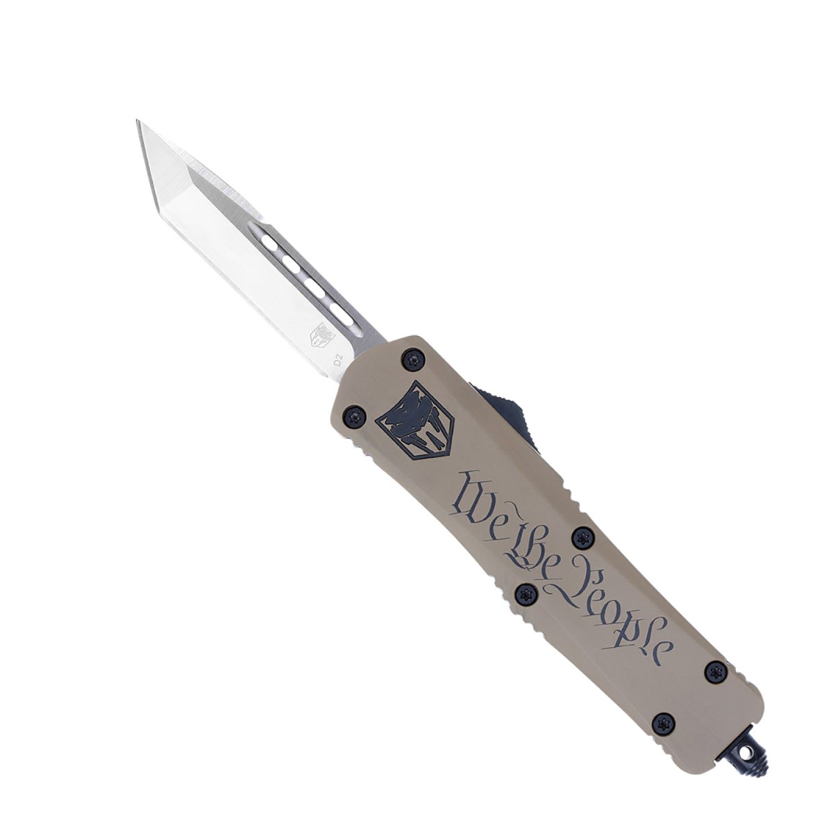 Cobratec Knives Mwtpfs3Tns Fs-3 We The People Medium 3&Quot; Otf Tanto Plain D2 Steel Blade Tan W/&Quot;We The People&Quot; Aluminum Cerakoted Handle Features Glass Breaker Includes Pocket Clip