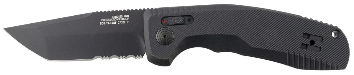 S.o.g Sog15380457 Sog-Tac Auto 3.43&Quot; Folding Tanto Part Serrated Black Tini Cryo D2 Steel Blade Black Micro-Textured Anodized Aluminum Handle Includes Pocket Clip