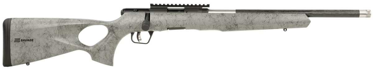 Savage Arms 70218 B Series Timberlite 22 Lr 10+1 18&Quot; Black Threaded Carbon Fiber/Ss Barrel, Black Picatinny Rail Steel Receiver, Gray W/Black Webbing Synthetic Fixed Thumbhole Stock