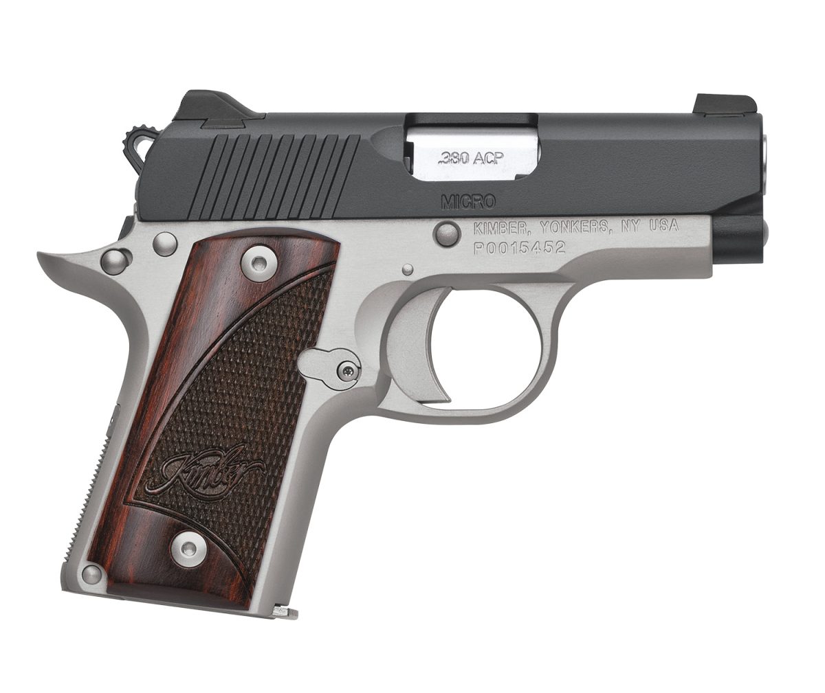 Kimber Mfg.,Inc 3300206 Micro Two-Tone Ns 380 Acp 7+1 2.75&Quot; Matte Black  Stainless Steel Slide Brush Polished Checkered Rosewood Grip