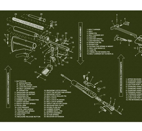 TekMat TEKR36AR15OD AR-15 Cleaning Mat AR-15 Parts Diagram 12" x 36"