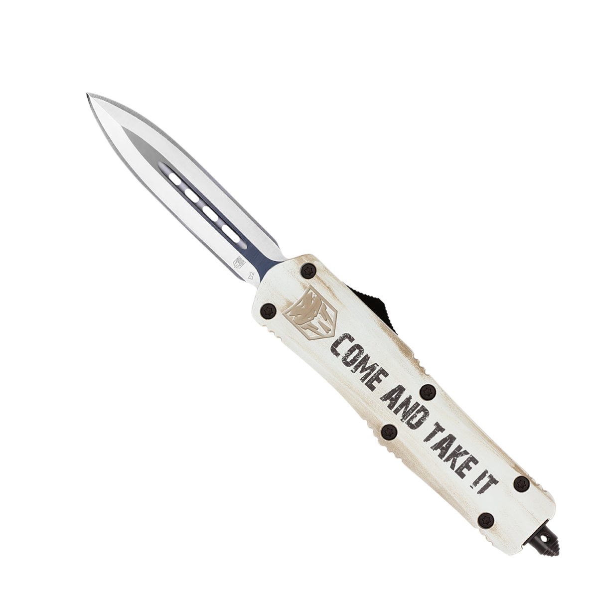 Cobratec Knives Mcatifs3Dagns Fs-3 Come And Take It Medium 3&Quot; Otf Dagger Plain D2 Steel Blade White W/&Quot;Come And Take It&Quot; Aluminum Cerakoted Handle Features Glass Breaker Includes Pocket Clip