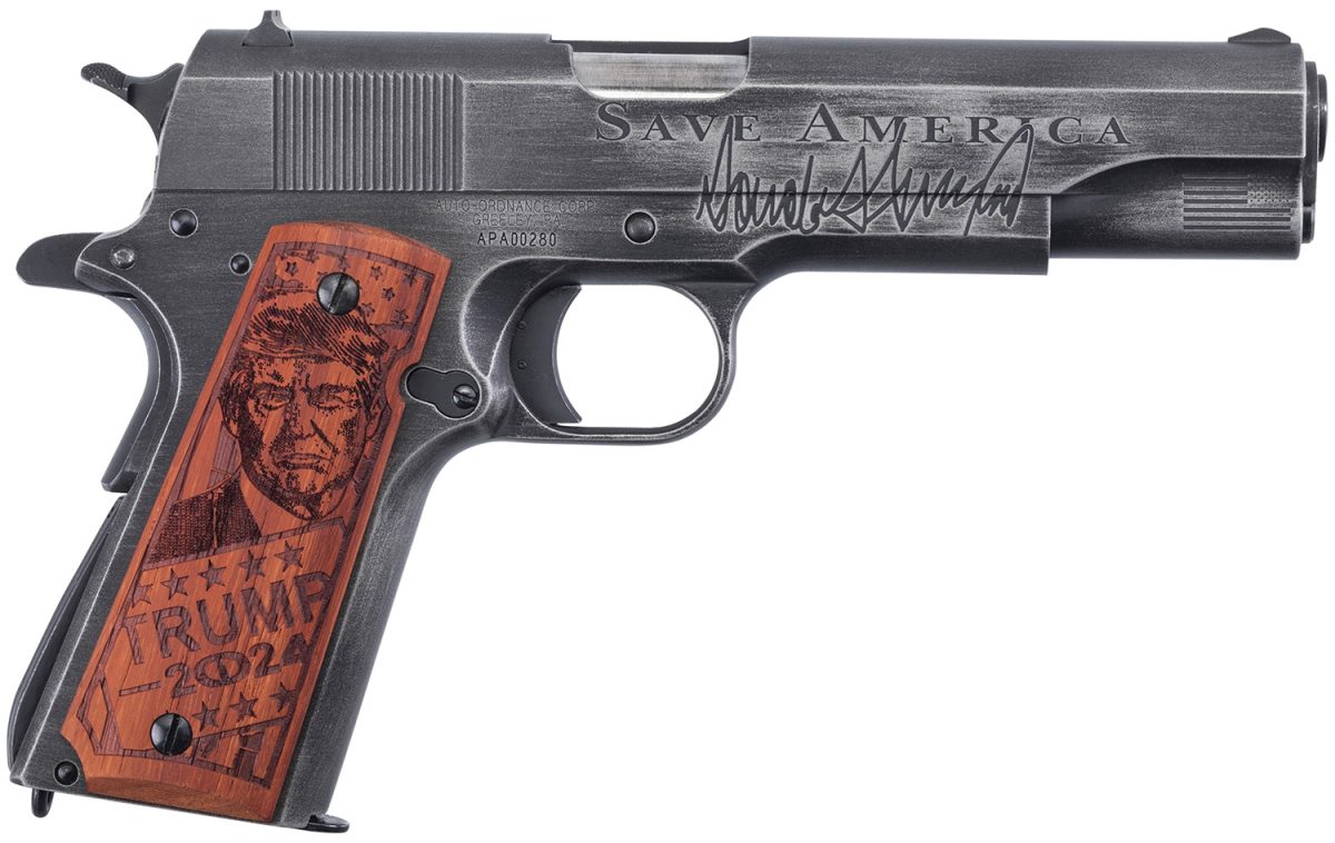 Auto-Ordnance 1911Bkoc12 1911 Trump Save America 45 Acp  5&Quot; Barrel 7+1, Distressed Armor Black Cerakote, Carbon Steel Beavertail Frame, Serrated Engraved Slide, Custom Engraved Goncalo Wood Grip