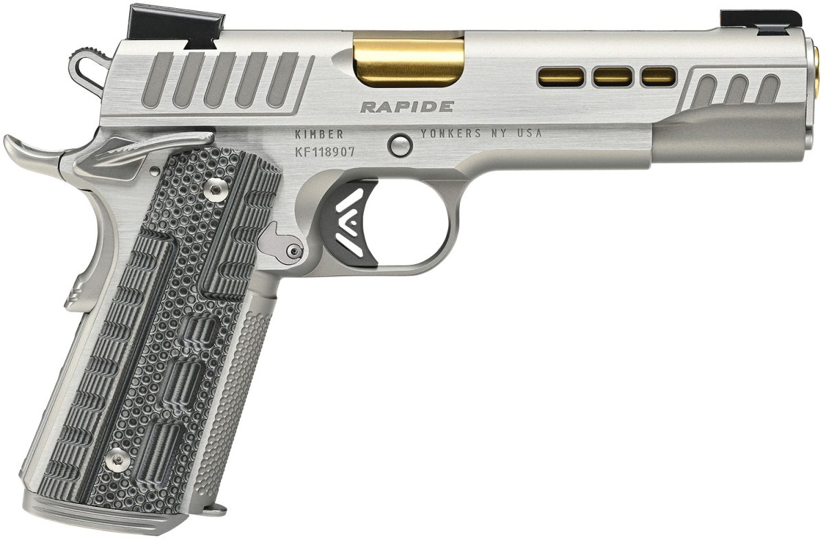 Kimber Mfg.,Inc 3000423Ca Rapide Dawn (Ca) (Ma) 45 Acp 8+1 5&Quot; Kimpro Silver Front And Rear Serrations Stainless Steel Slide Gray/Black Rapide G10 Grip