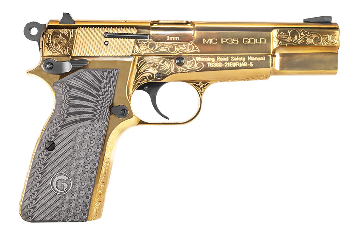 Girsan 390488 Mc P35  9Mm Luger 15+1 4.87&Quot; Gold Plated Pvd Stainless Steel Barrel, Gold Finish Engraved Serrated Stainless Steel Slide, Gold Plated Steel Frame W/Beavertail, G10 Grip