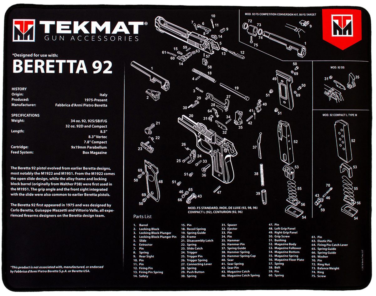 Tekmat Tekr20Ber92 Beretta 92 Ultra 20 Cleaning Mat Black/White Rubber 15&Quot; X 20&Quot;