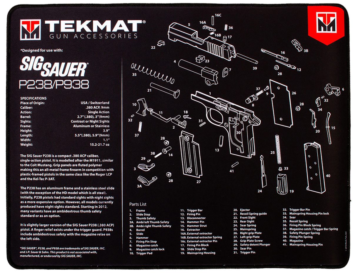 Tekmat Tekr20Sigp238 Sig Sauer P238 Ultra 20 Cleaning Mat Black/White Rubber 15&Quot; X 20&Quot;