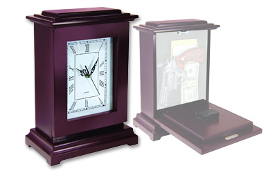 Peace Keeper RGC Tall Gun Clock  Front Panel Entry Mahogany Stain Wood Holds 1 Handgun 13.25" L x 9.50" W x 6.25" D