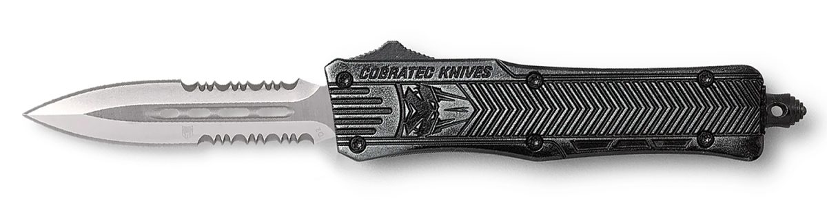 Cobratec Knives Sswctk1Sdag2Ss Ctk-1  2.75&Quot; Otf Part Serrated D2 Steel Blade/Stonewashed Aluminum Handle Features Glass Breaker Includes Pocket Clip
