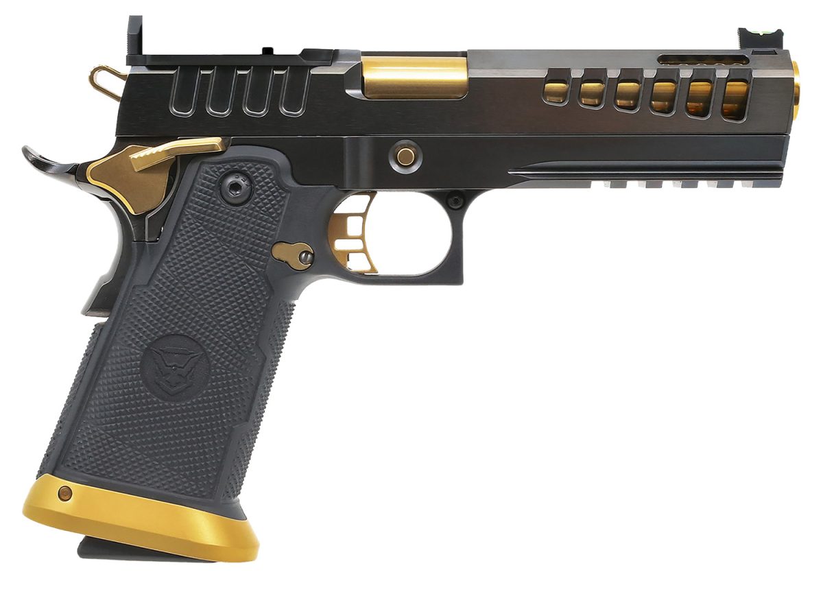 Watchtower Firearms Demolitia9Mm5Elite Demolitia  Full Size Frame 9Mm Luger 20+1 5&Quot; Gold Plated Pvd Ported Barrel, Graphite Pvd Optic Cut/Serrated Steel Slide, Graphite Pvd Frame, Black Textured Grip