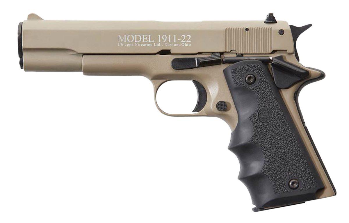 Chiappa Firearms 401120 1911-22  22 Lr 10+1, 5&Quot; Black Steel Barrel, Tan Serrated Slide, Tan Aluminum Frame W/Beavertail, Black Hogue Rubber Finger Grooved Grip, Manual Thumb Safety, Right Hand