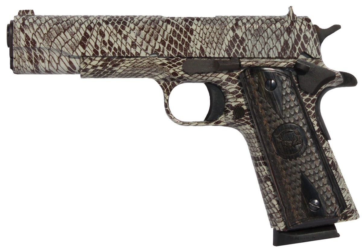 Iver Johnson Arms 1911A1Copperhead 1911 A1 Copperhead 45 Acp 8+1 5&Quot; Black Steel Barrel, Tan Snakeskin Hydrographic Serrated Steel Slide &Amp; Frame W/Beavertail, Black Snakeskin Diamondwood Grip