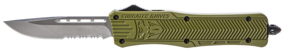 Cobratec Knives Modctk1Mds Ctk-1  Medium 3&Quot; Otf Drop Point Part Serrated D2 Steel Blade/Od Green Aluminum Handle Features Glass Breaker Includes Pocket Clip
