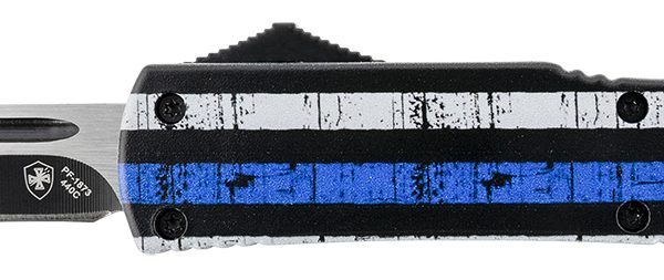 Templar Knife MBTB231 Gen II Back The Blue Slim 3.43" OTF Tanto Plain Black Oxide Stonewashed 440C SS Blade, 5.05" 4.31" Black & White w/Blue Line Aluminum Handle, Glass Breaker