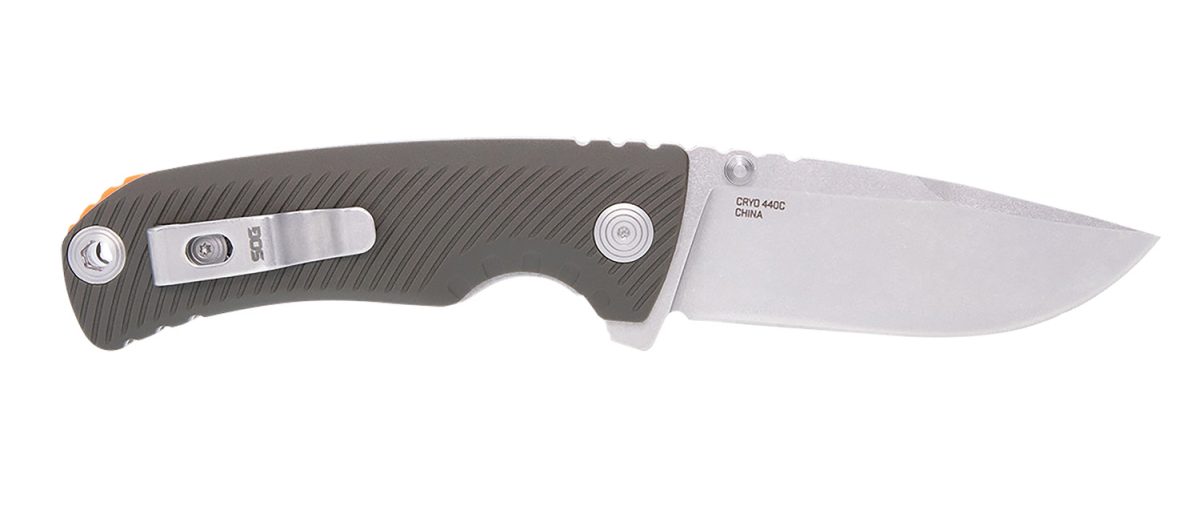 S.o.g Sog11060143 Tellus Atk  3.50&Quot; Folding Clip Point Plain Stonewashed Cryo 440C Ss Blade/ Olive Drab W/Orange Backspacer Grn Handle Includes Belt Clip