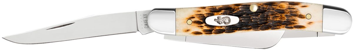 Case 00042 Stockman  Medium 2.57&Quot;/1.88&Quot;/1.71&Quot; Folding Clip Point/Sheepsfoot/Spey Plain Mirror Polished Tru-Sharp Ss Blade Peach Seed Jigged Amber Bone Handle