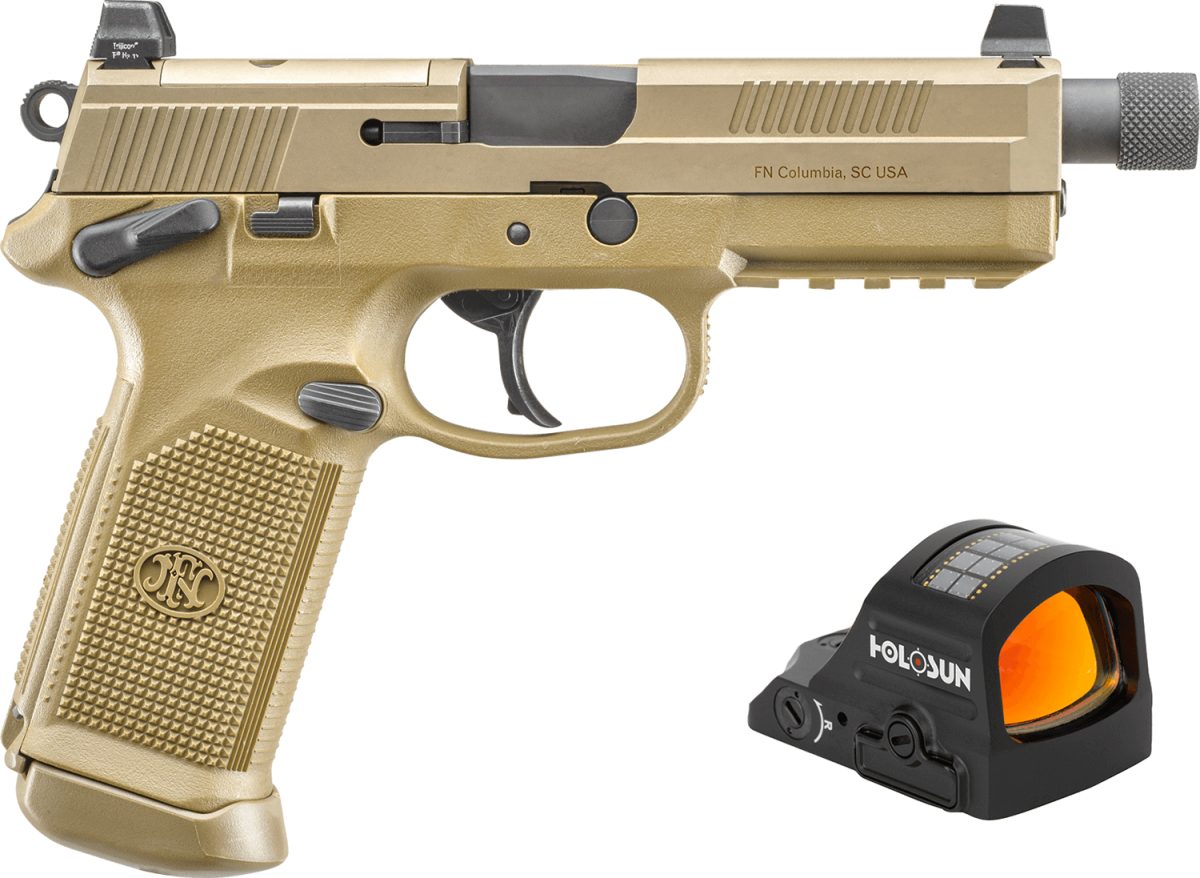 Fn 66102270 Fnx W/Optic 45 Acp 15+1 5.30&Quot; Black Steel Threaded Barrel, Flat Dark Earth Optic Ready/Serrated Stainless Steel Slide &Amp; Polymer Frame W/Picatinny Rail, Holosun 407C Red Dot, Ambidextrous