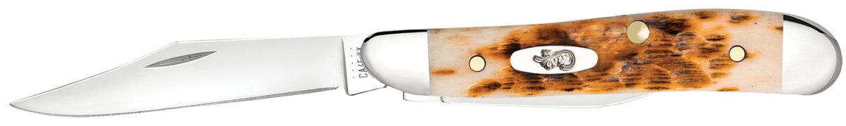 Case 00045 Peanut  2.10&Quot;/1.53&Quot; Folding Clip Point/Pen Plain Mirror Polished Tru-Sharp Ss Blade, Peach Seed Jigged Amber Jigged Bone Handle