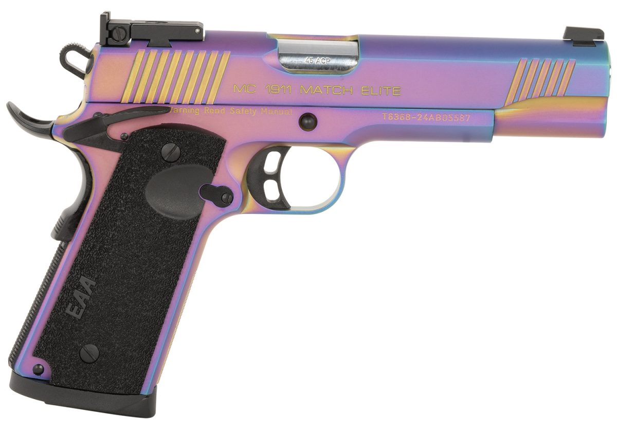Girsan 391091 Mc1911  Full Size Frame 45 Acp 8+1 5&Quot; Stainless Bull Barrel, Multi Color Pvd Coating Serrated Steel Slide, Multi Color Pvd Coating Steel Frame W/Beavertail, Black Textured Grip