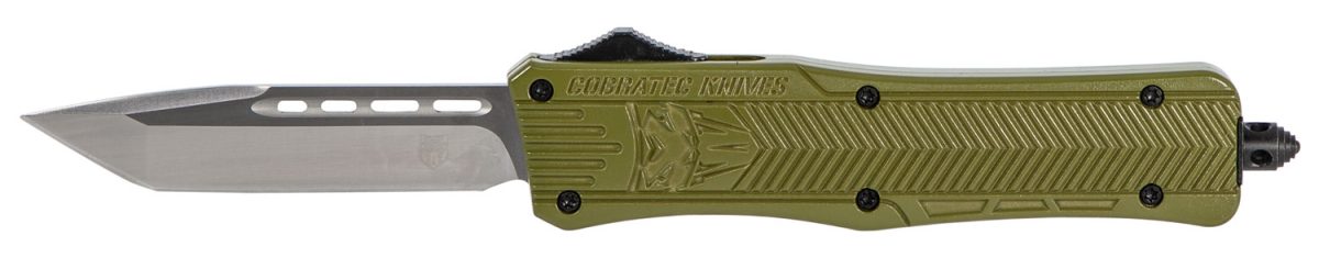 Cobratec Knives Modctk1Mtns Ctk-1  Medium 3&Quot; Otf Tanto Plain D2 Steel Blade/Od Green Aluminum Handle Features Glass Breaker Includes Pocket Clip