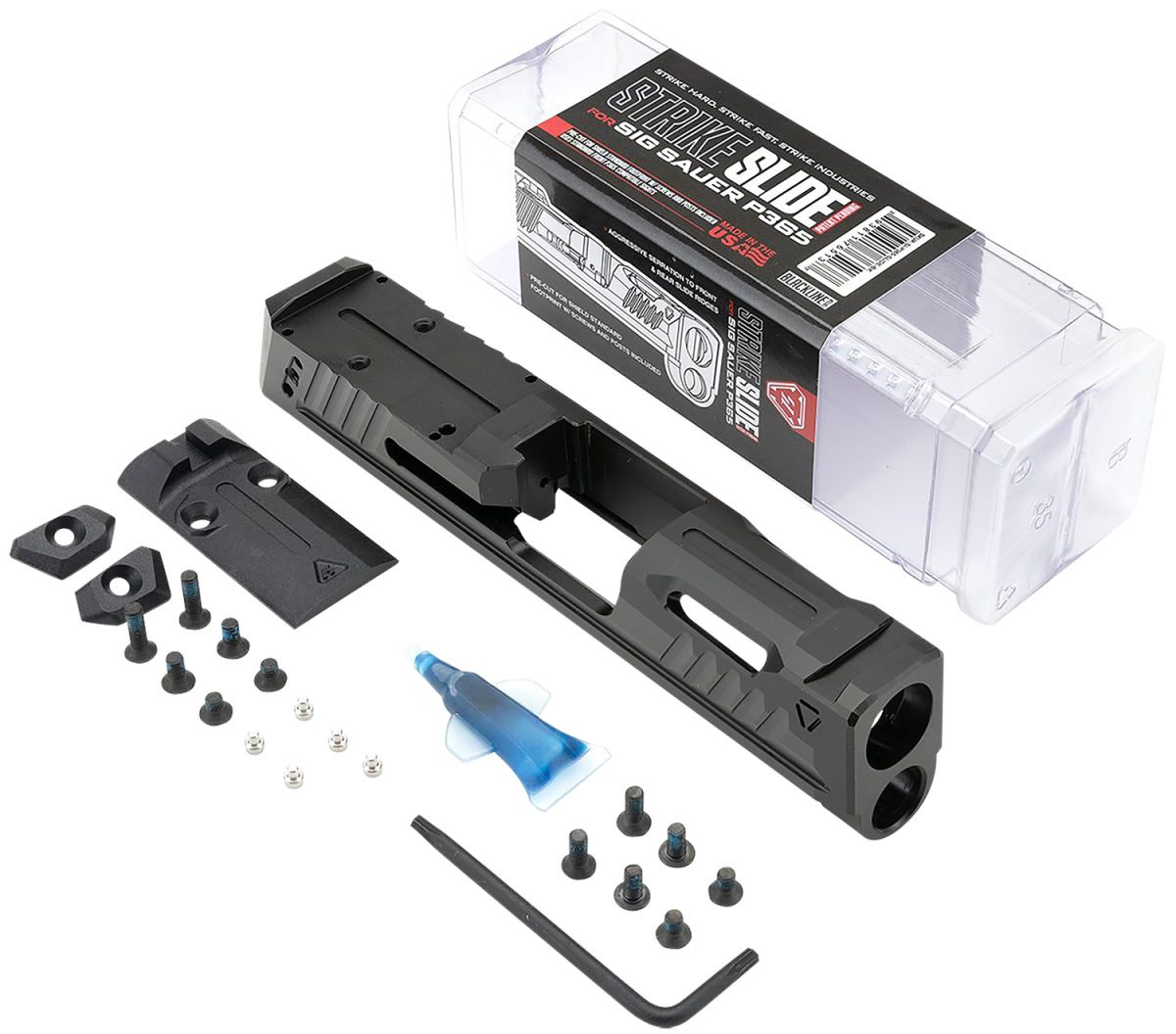 Strike Industries P365-Slide-Bk Strike Replacement Slide Black Stainless Steel With Ports &Amp; Optics Cut For Sig P365 Includes Charging Handle
