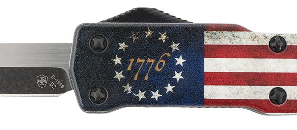 Templar Knife MZBRF221 Premium Weighted Betsy Ross Flag Slim 3.16" OTF Tanto Plain Black Oxide Stonewashed D2 Steel Blade, 4.93" Betsy Ross Flag Aluminum Zinc Alloy Handle