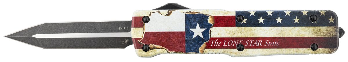 Templar Knife Lztx121 Premium Weighted Texan Large 3.55&Quot; Otf Dagger Plain Black Oxide Stonewashed D2 Steel Blade, 5.25&Quot; Red/White/Blue W/&Quot;The Lone Star State&Quot; Aluminum Zinc Alloy Handle