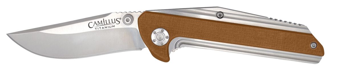 Camillus 19196 Sevens  2.75&Quot; Folding Plain Silver Aus-8 Carbonitride Titanium Blade, Desert Tan/Ss G10/Ss Handle