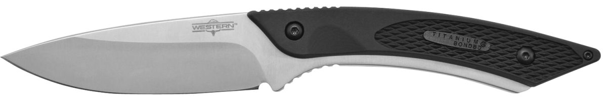 Camillus 19123 Western Coil 3.25&Quot; Fixed Plain Silver 420 Steel Titanium Bonded Blade, Black/Ss Rubber/Stainless Steel Handle, Includes Sheath