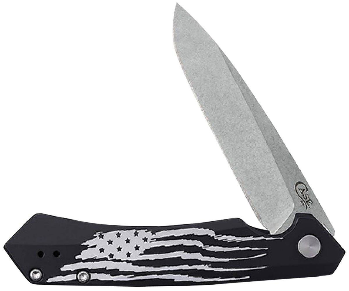 Case 10857 Kinzua  Folding Spear Point Plain Stonewashed S35Vn Ss Blade, Black Anodized W/Us Flag Aluminum Handle