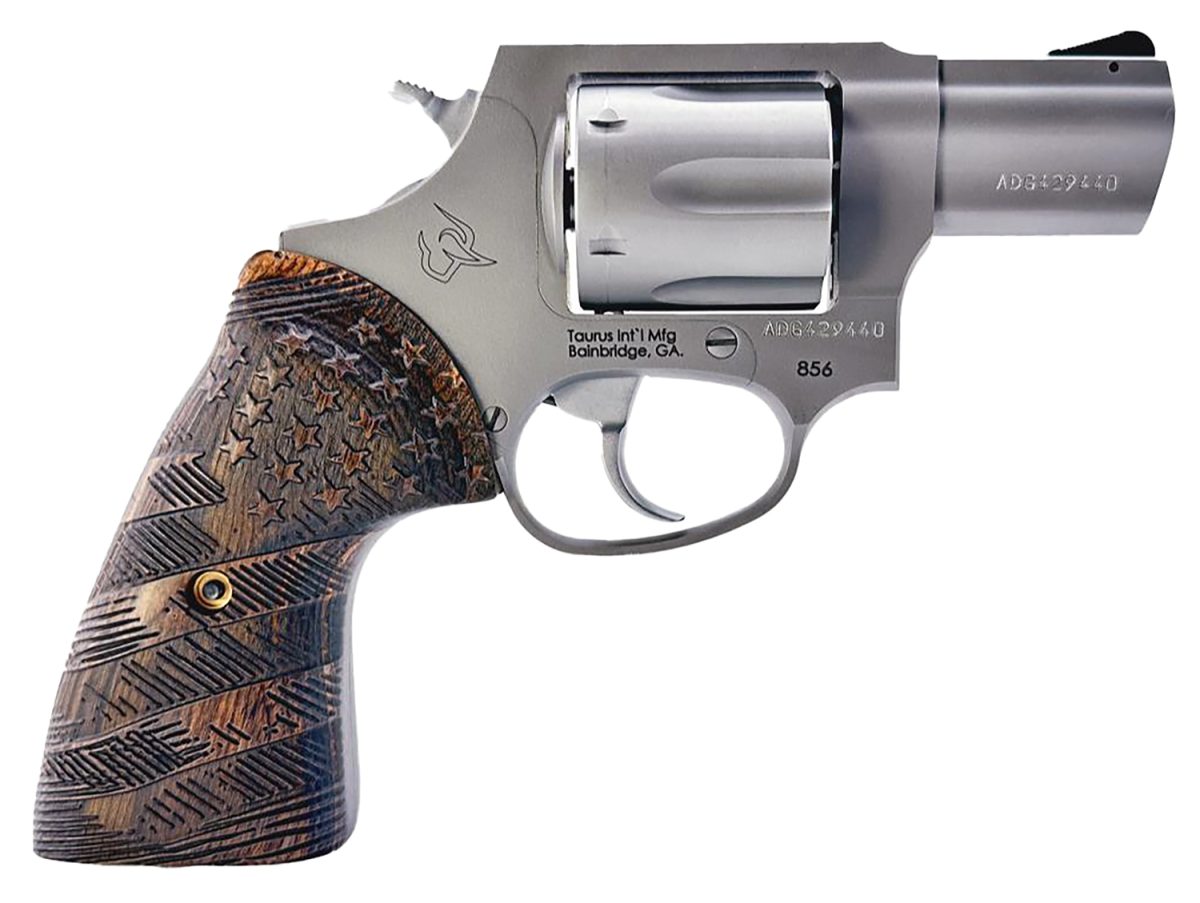 Taurus 2-85629-Us2 856  Small 6 Shot 2&Quot; Matte Stainless Steel Barrel &Amp; Frame, Polished Cylinder, Custom Designed Wood Grip W/Stars, Transfer Bar Safety, Exposed Hammer