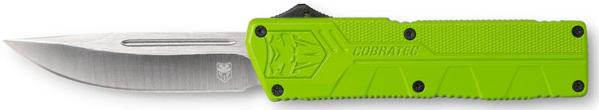 Cobratec Knives Zbgctlwdns Lightweight  3.25&Quot; Otf Drop Point Plain D2 Steel Blade/Zombie Green Aluminum Handle Includes Pocket Clip