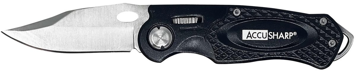 Accusharp 703C Sport  3&Quot; Folding Plain Stainless Steel Blade/Black Anodized Aluminum Handle Includes Belt Clip