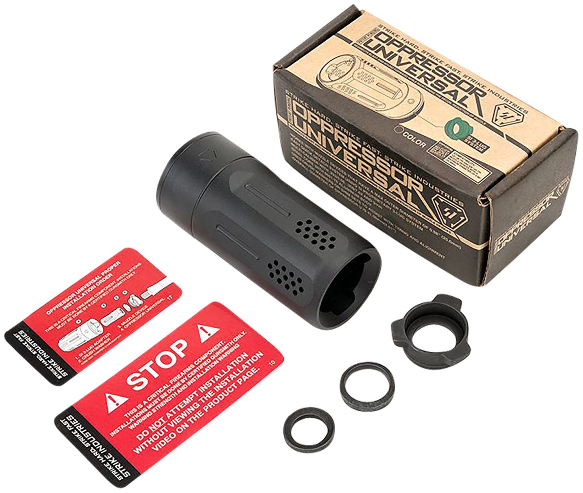 Strike Industries Bsoppressorubk Oppressor Universal Blast Shield Multi-Cal 3.37&Quot;L 1.61&Quot;D Black Anodized Steel/Aluminum For Barrels With 1/2&Quot; &Amp; 5/8&Quot; Threads (Max .98&Quot;D Barrels)