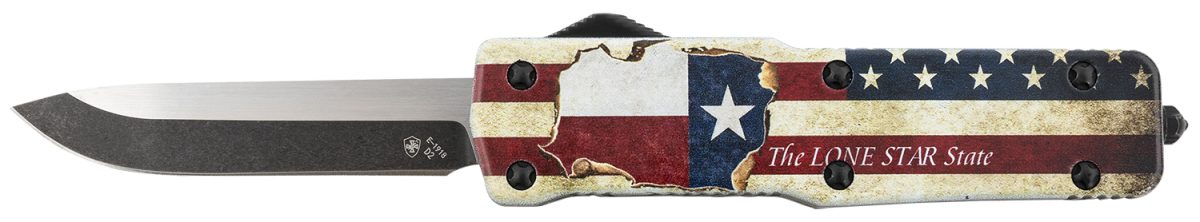 Templar Knife Sztx321 Premium Weighted Texan Small 3&Quot; Otf Drop Point Plain Black Oxide Stonewashed D2 Steel Blade, 4.50&Quot; Red/White/Blue W/&Quot;The Lone Star State&Quot; Aluminum Zinc Alloy Handle