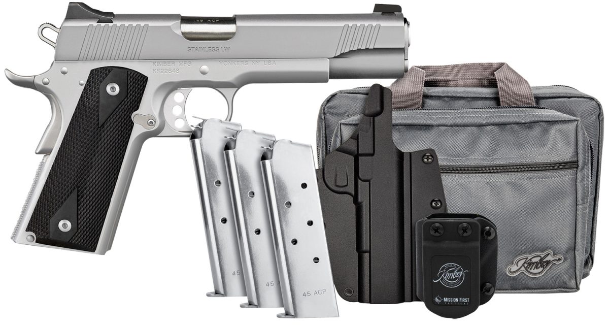 Kimber Mfg, Inc 3700826 Stainless Lw Club Bundle Full Size Frame 45 Acp 7+1 5&Quot; Stainless Match Grade Barrel, Serrated Stainless Steel Slide, Stainless Aluminum Frame W/Beavertail, Black Textured Grip