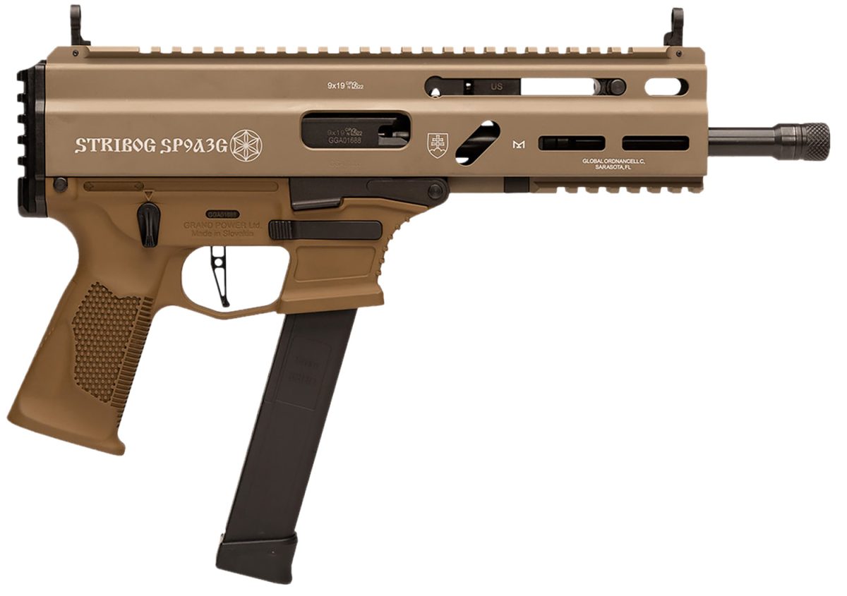 Grand Power 810091156155 Sp9A3G Stribog 9Mm Luger 30+1 8&Quot; Black Threaded Barrel, M-Lok Handguard, Flat Dark Earth Aluminum Picatinny Rail Receiver, Fde Polymer Grip, Thread Protector