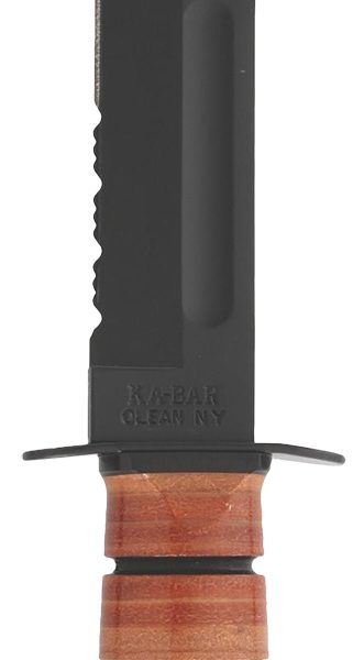 Ka-Bar 1218 USMC Fight/Utility 7" Fixed Clip Point Part Serrated Black 1095 Cro-Van Blade. Brown Leather Handle. Includes Sheath