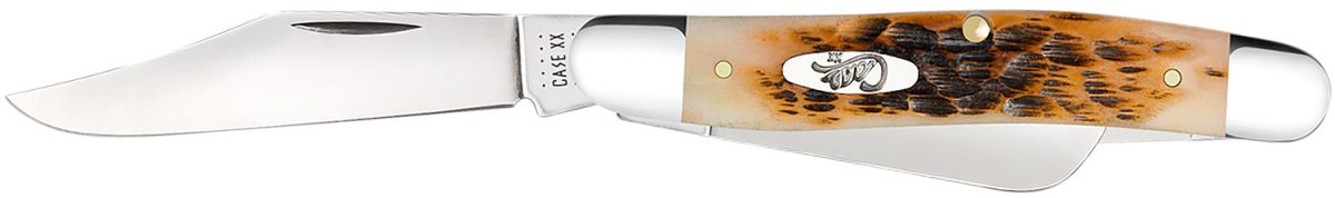 Case 00128 Stockman  Medium 2.92&Quot;/2.15&Quot;/1.90&Quot; Folding Clip/Sheepsfoot/Spey Plain Mirror Polished Tru-Sharp Ss Blade/Peach Seed Jigged Amber Bone Handle