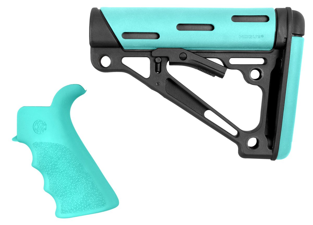 Hogue 13455 Overmolded 2-Piece Kit Collapsible Aqua Overmolded Rubber Black &Amp; Aqua Rubber Grip For Ar15, M16 With Commercial Tube (Tube Not Included)