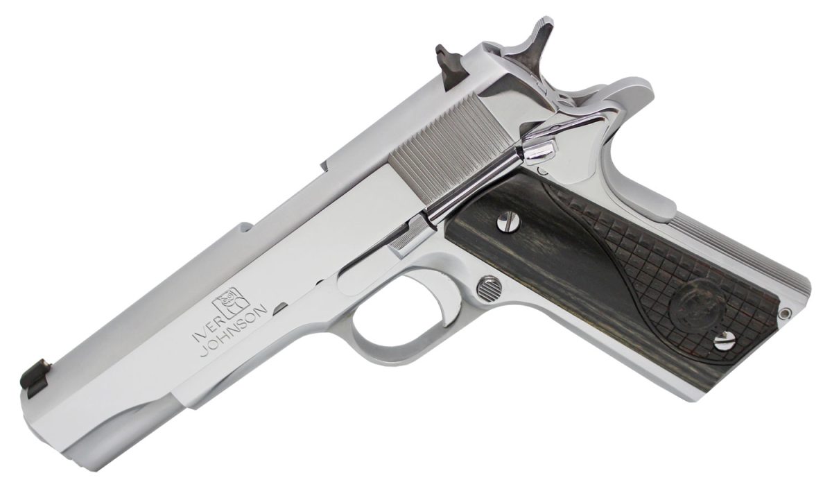 Iver Johnson Arms 1911A138Chrw 1911 A1 Government 70 Series 38 Super 9+1 5&Quot; Bright Polish Chrome Serrated Steel Slide &Amp; Frame W/Beavertail, Black Dual Textured Diamondwood Grip, Right Hand
