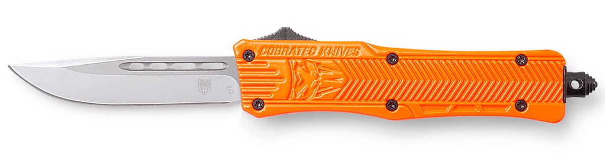 Cobratec Knives Sorctk1Sdns Ctk-1  Small 2.75&Quot; Otf Drop Point Plain D2 Steel Blade/Orange Aluminum Handle Features Glass Breaker Includes Pocket Clip
