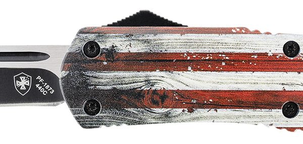 Templar Knife LWUS331 Gen II Wood US Flag Large 3.50" OTF Drop Point Plain Black Oxide Stonewashed 440C SS Blade, 5.25" Painted Wood Grain US Flag Aluminum Handle, Glass Breaker